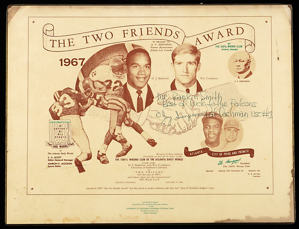 1967 O. J. Simpson "The Two Friends Award" Display - Rare "O. Jay Simpson" Signature - JSA