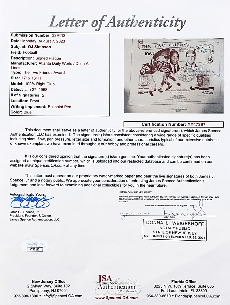 1967 O. J. Simpson "The Two Friends Award" Display - Rare "O. Jay Simpson" Signature - JSA
