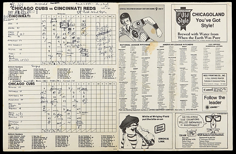 1985 Pete Rose Hit Record-Tying Scorecard and Signed Hit Record-Breaking Scoresheet