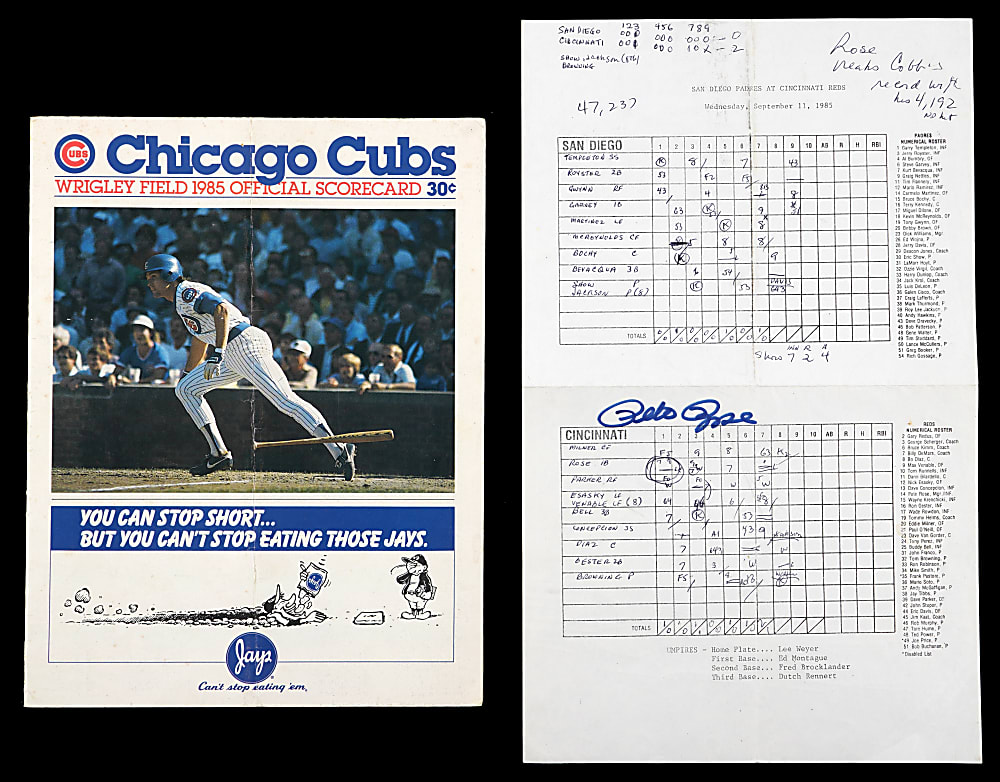 1985 Pete Rose Hit Record-Tying Scorecard and Signed Hit Record-Breaking Scoresheet