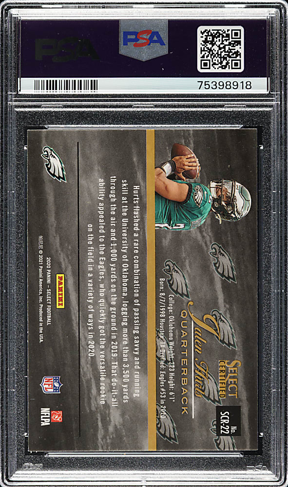 2020 Panini Select Football Select Certified Rookies #SCR-22 Jalen Hurts Rookie PSA MINT 9