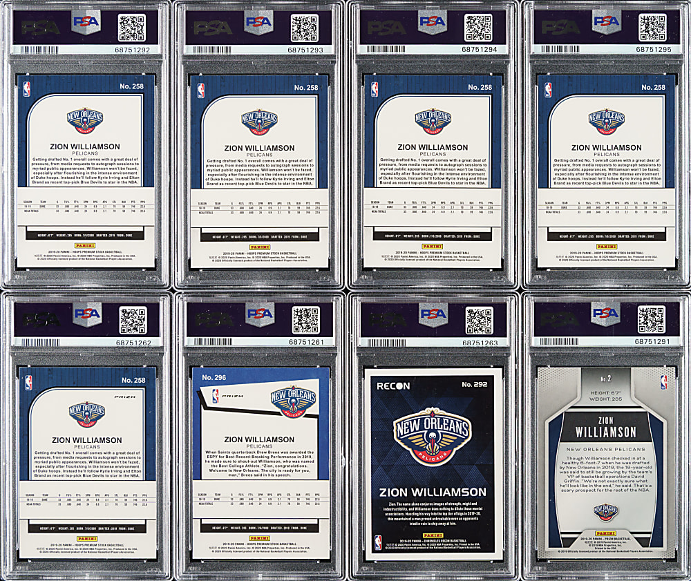 2019-2020 Panini Hoops, Panini Prizm and Panini Chronicles Basketball Zion Williamson Rookie PSA-Graded Collection (8)