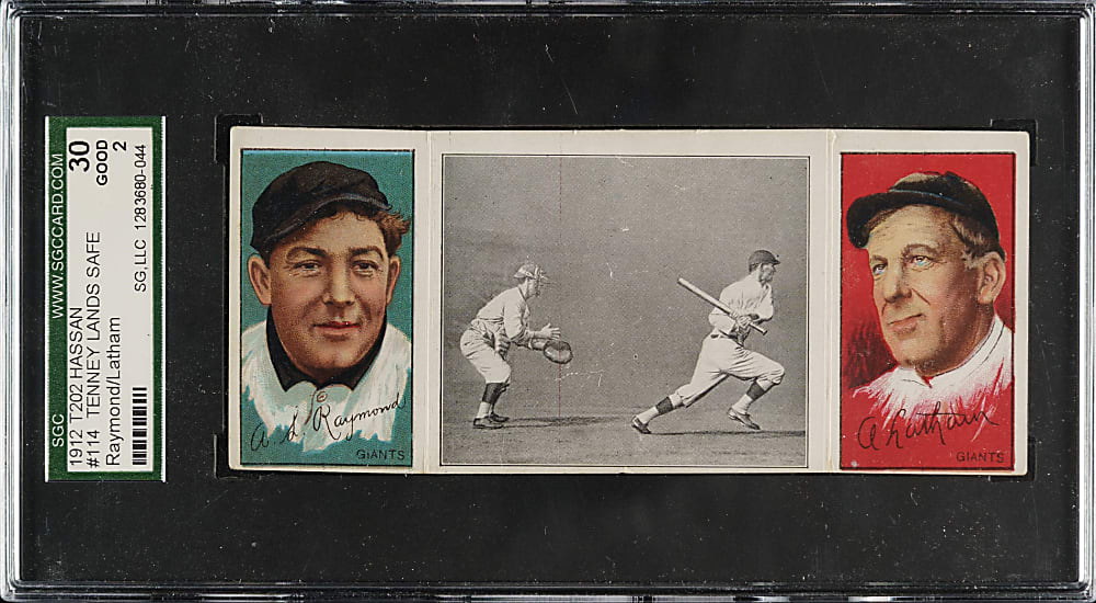 1912 T202 Hassan Triple Folder "Tenney Lands Safely" Raymond/Latham SGC GOOD 30