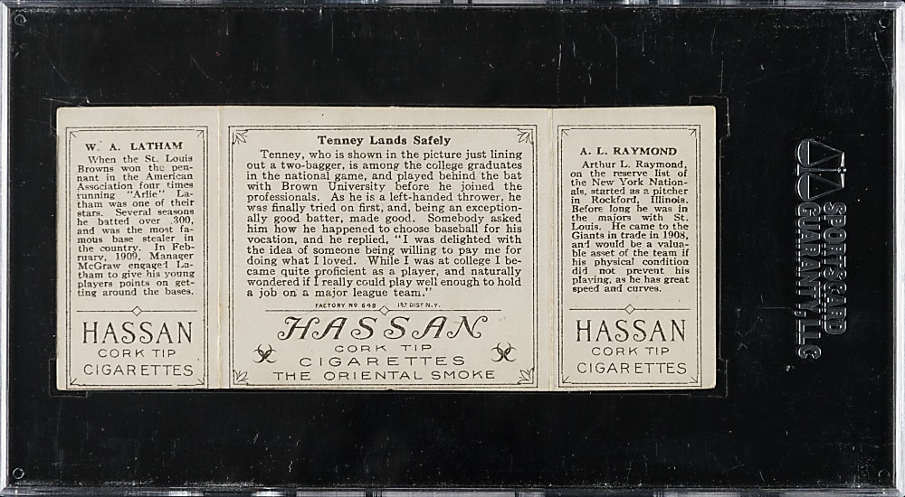 1912 T202 Hassan Triple Folder "Tenney Lands Safely" Raymond/Latham SGC GOOD 30