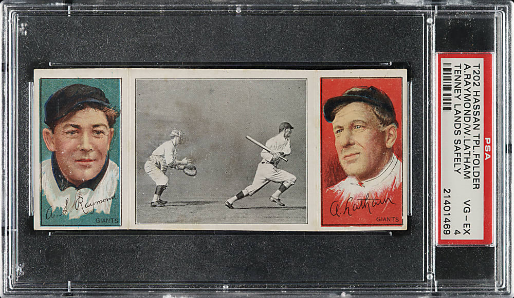 1912 T202 Hassan Triple Folder "Tenney Lands Safely" Raymond/Latham PSA VG-EX 4