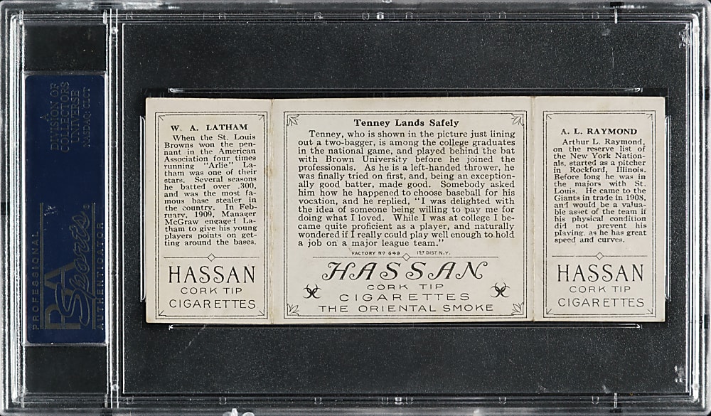 1912 T202 Hassan Triple Folder "Tenney Lands Safely" Raymond/Latham PSA VG-EX 4