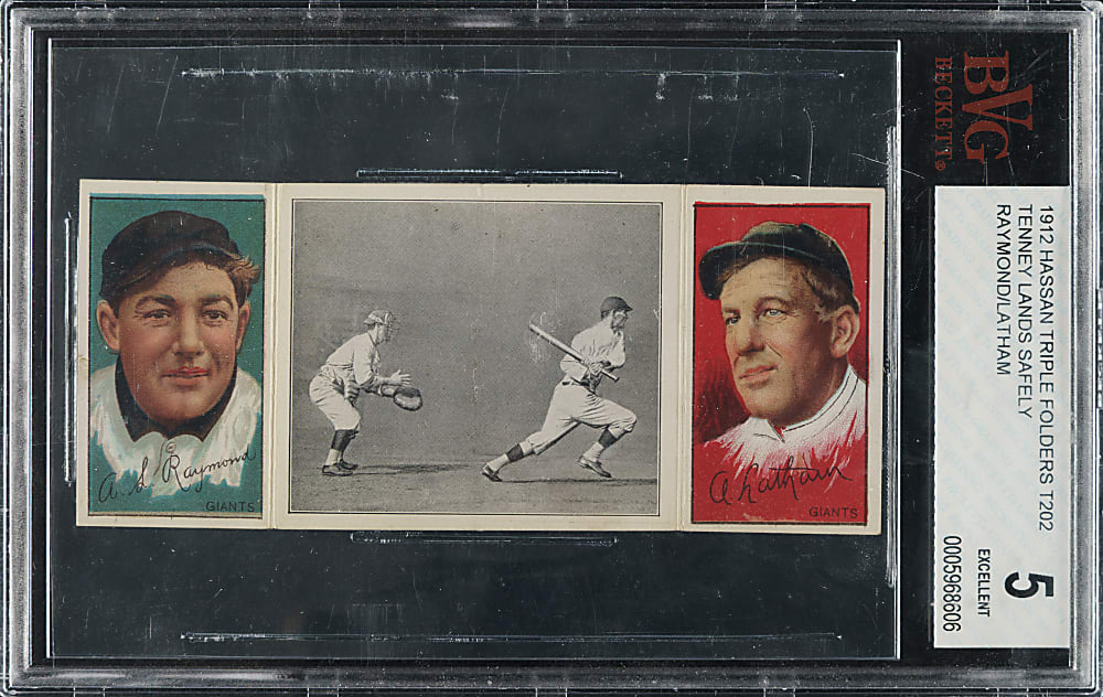 1912 T202 Hassan Triple Folder "Tenney Lands Safely" Raymond/Latham BVG EX 5