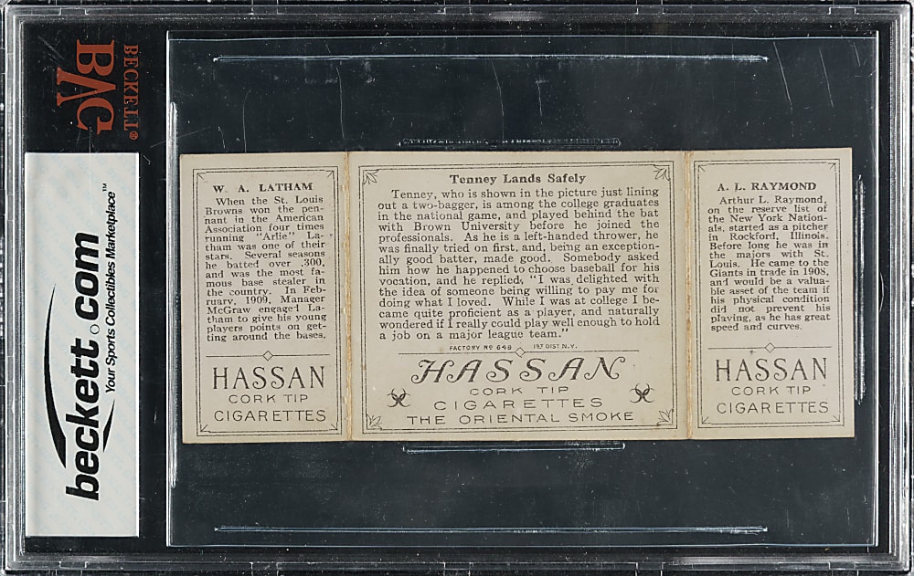 1912 T202 Hassan Triple Folder "Tenney Lands Safely" Raymond/Latham BVG EX 5