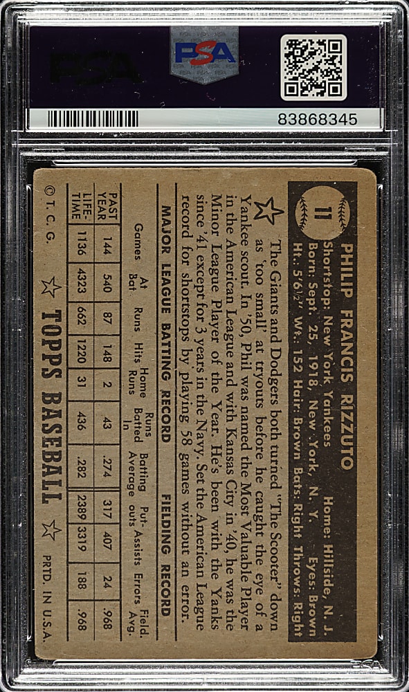 1952 Topps #11 Phil Rizzuto Black Back PSA GOOD 2