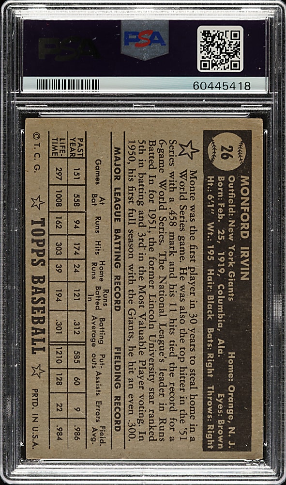 1952 Topps #26 Monte Irvin Black Back PSA VG 3
