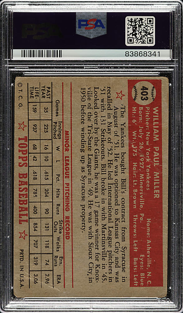 1952 Topps #403 Bill Miller High Number PSA POOR 1