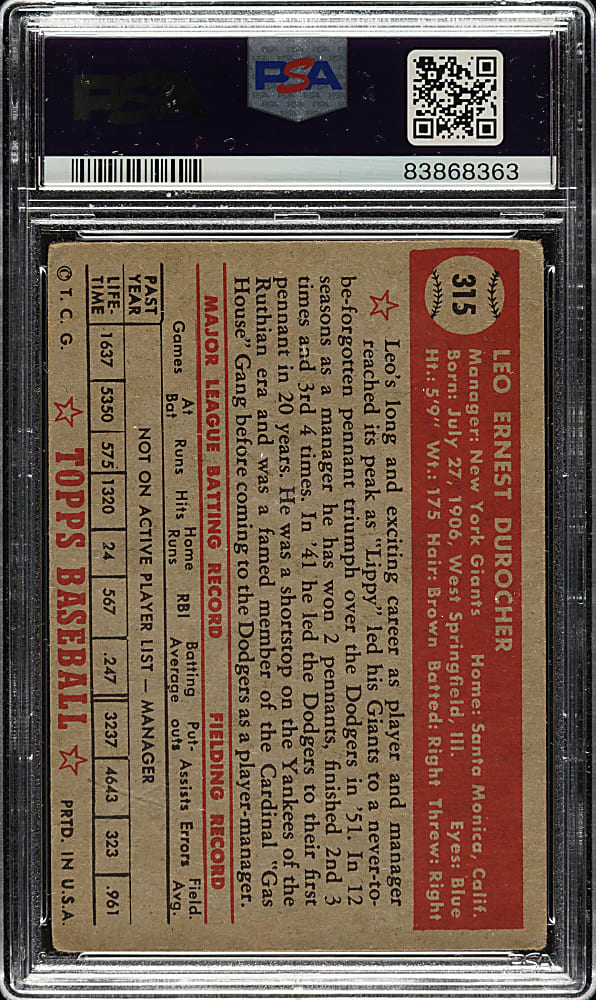 1952 Topps #315 Leo Durocher High Number PSA GOOD 2 (MK)