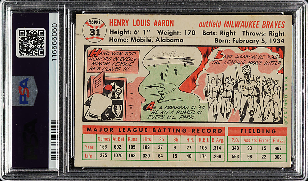 1956 Topps #31 Hank Aaron White Back PSA EX 5 (MC)