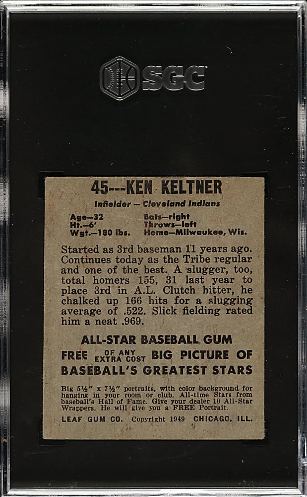 1948-1949 Leaf #45 Ken Keltner Short Print SGC GOOD+ 2.5