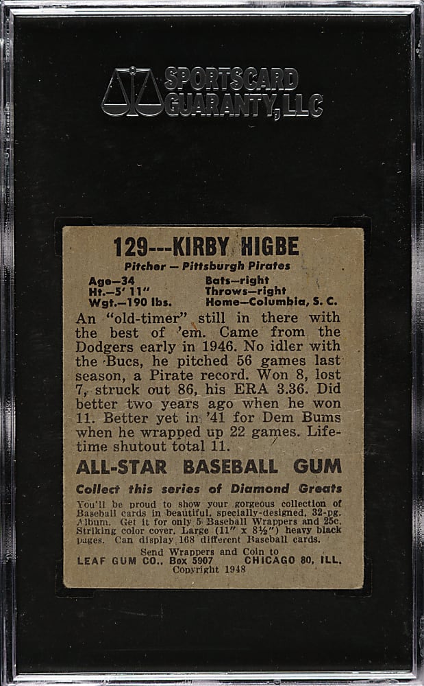 1948-1949 Leaf #129 Kirby Higbe Short Print SGC FAIR 20