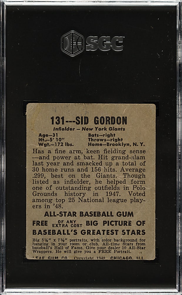 1948-1949 Leaf #131 Sid Gordon Short Print SGC FAIR 1.5