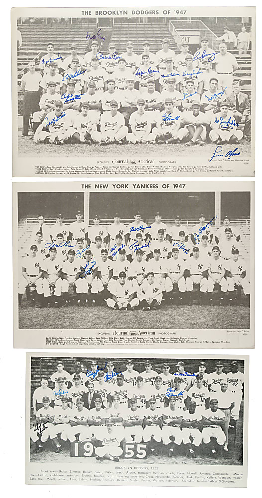 1947 and 1955 Brooklyn Dodgers and New York Yankees Multi-Signed Team Photo Trio