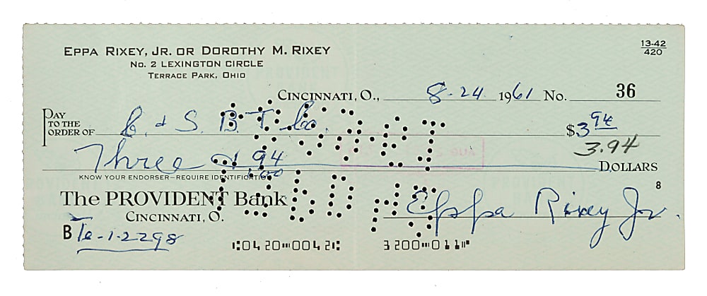 1961 Eppa Rixey Signed Check