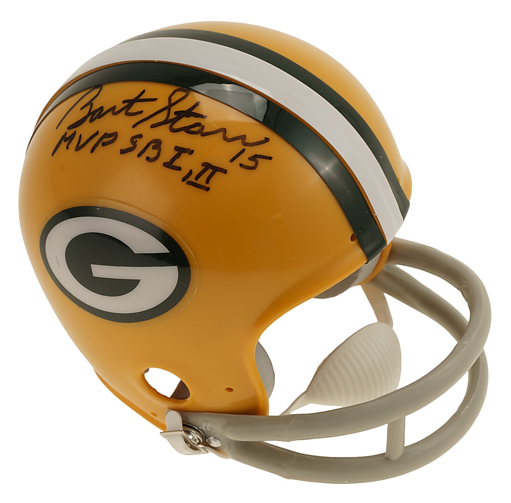 Bart Starr Signed Green Bay Packers Mini Helmet with "15" and "MVP SB I, II" inscriptions