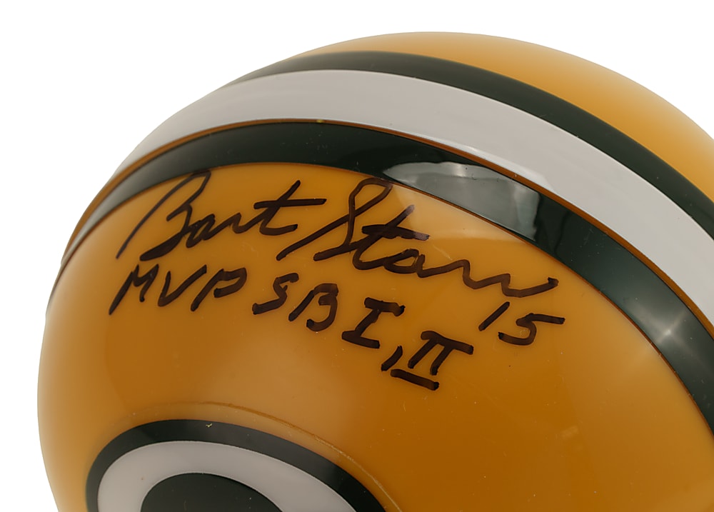 Bart Starr Signed Green Bay Packers Mini Helmet with "15" and "MVP SB I, II" inscriptions