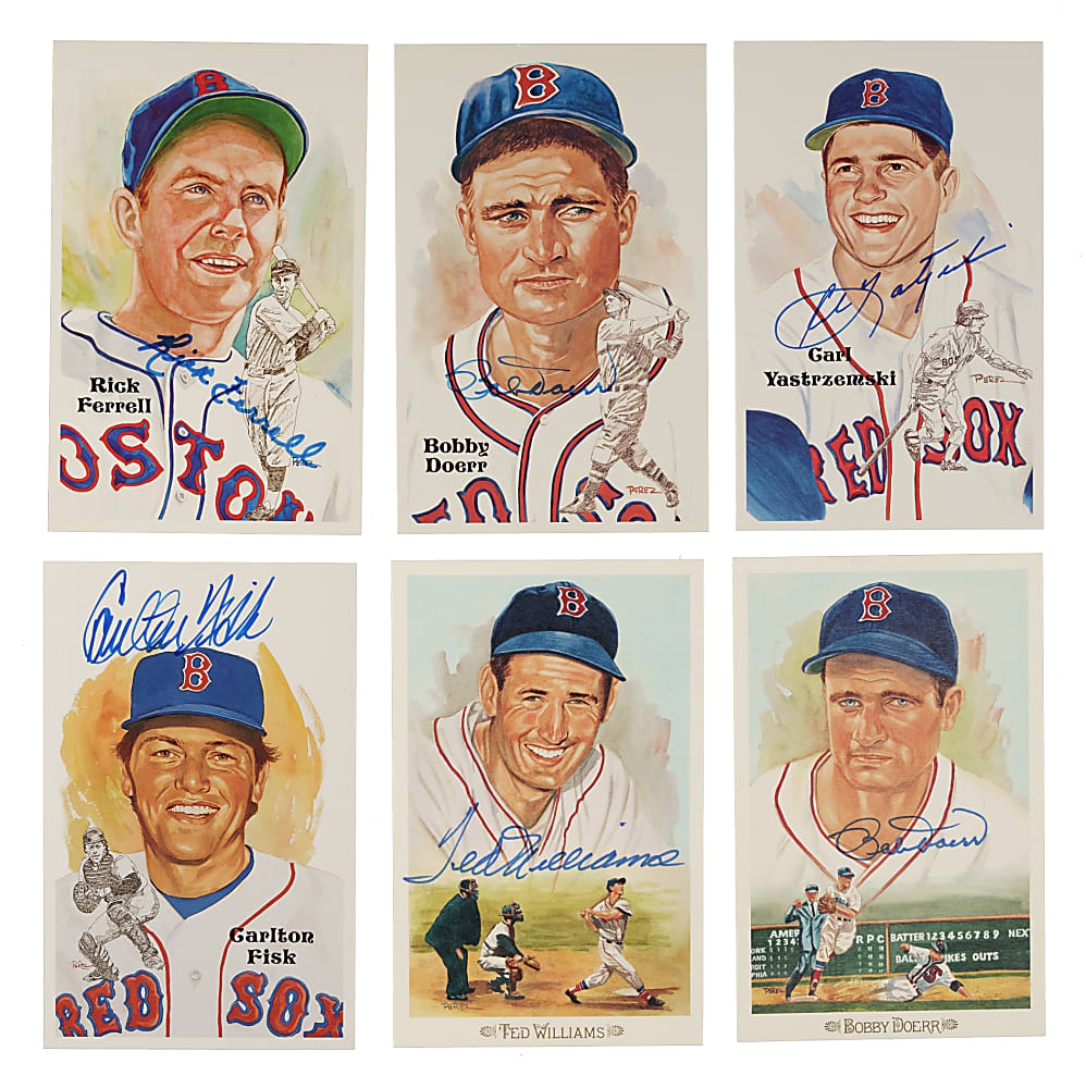 Signed 1985 to 2001 Perez-Steele Hall of Fame Postcard Collection (6) Including Ted Williams, Carl Yastrzemski and Bobby Doerr