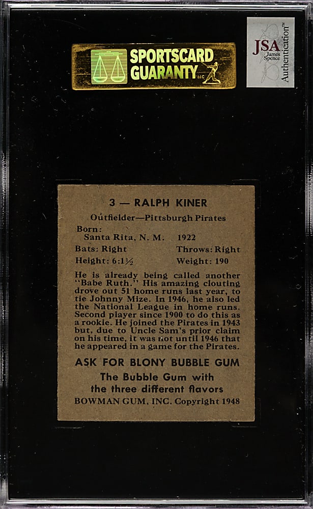 Signed 1948 Bowman #3 Ralph Kiner Rookie - SGC/JSA