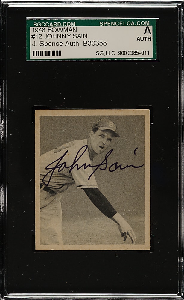 Signed 1948 Bowman #12 Johnny Sain Rookie - SGC/JSA