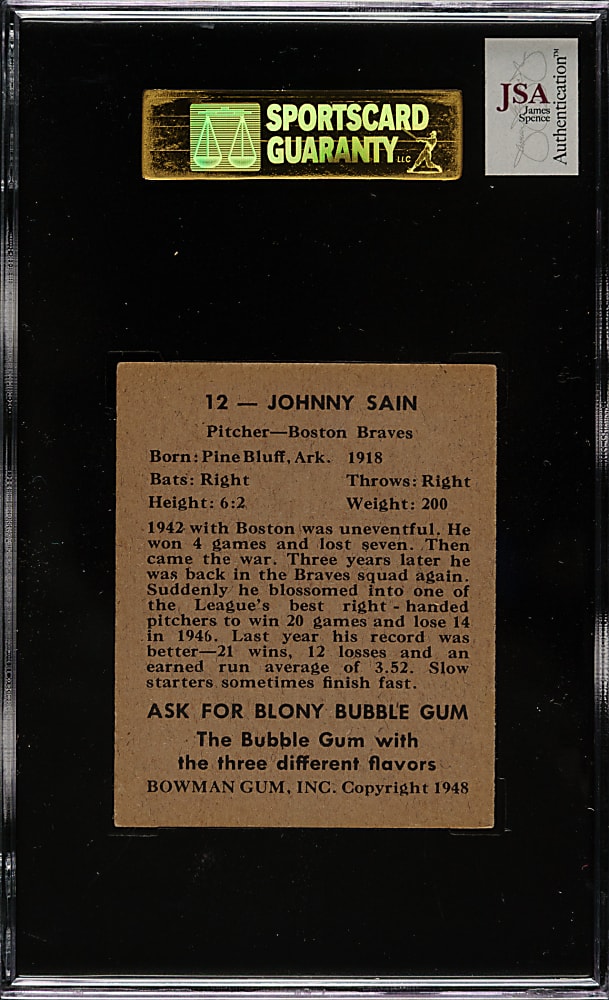 Signed 1948 Bowman #12 Johnny Sain Rookie - SGC/JSA