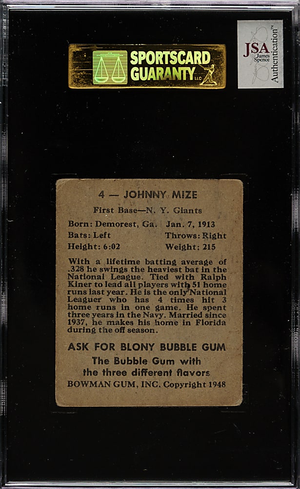 Signed 1948 Bowman #4 Johnny Mize - SGC/JSA