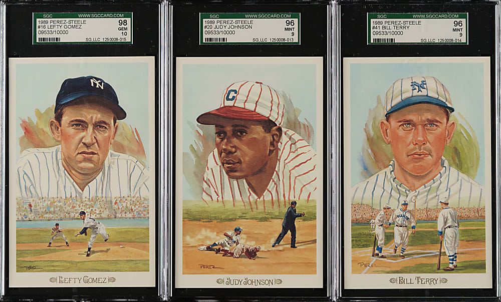 1989 Perez-Steele Celebration Postcard SGC-Graded Trio: Lefty Gomez, Judy Johnson and Bill Terry