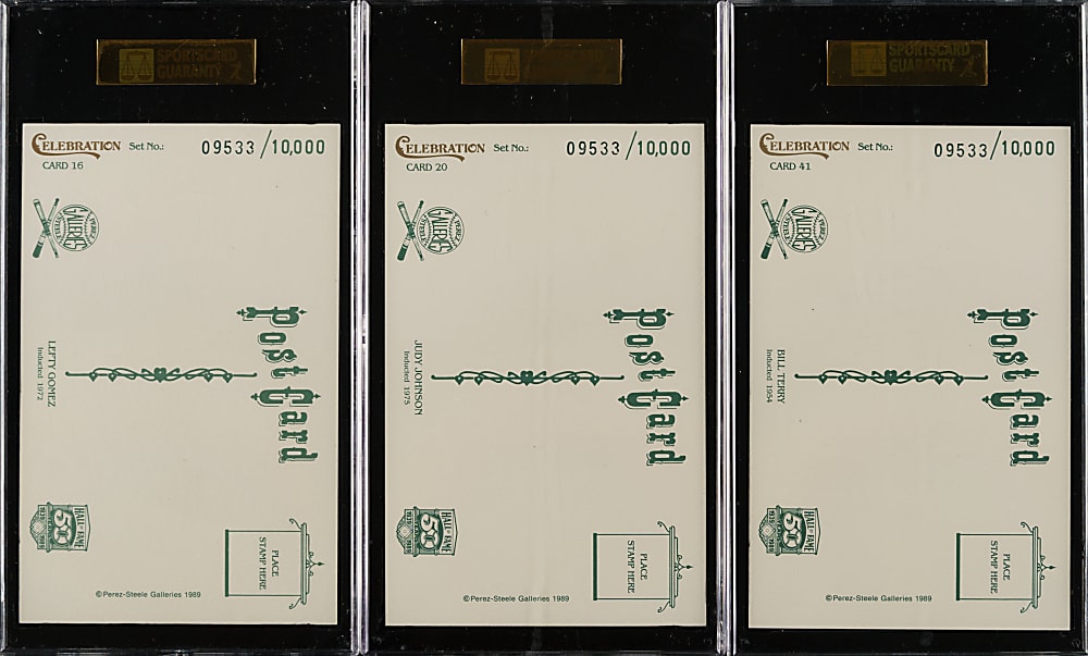 1989 Perez-Steele Celebration Postcard SGC-Graded Trio: Lefty Gomez, Judy Johnson and Bill Terry