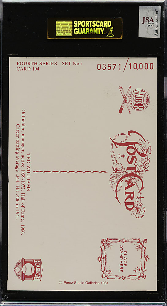Signed 1981 Perez-Steele Hall of Fame Postcard Ted Williams - SGC/JSA
