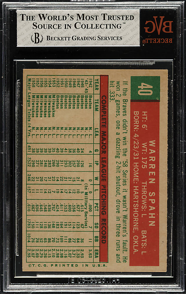 1959 Topps #40 Warren Spahn BVG EX-MT+ 6.5