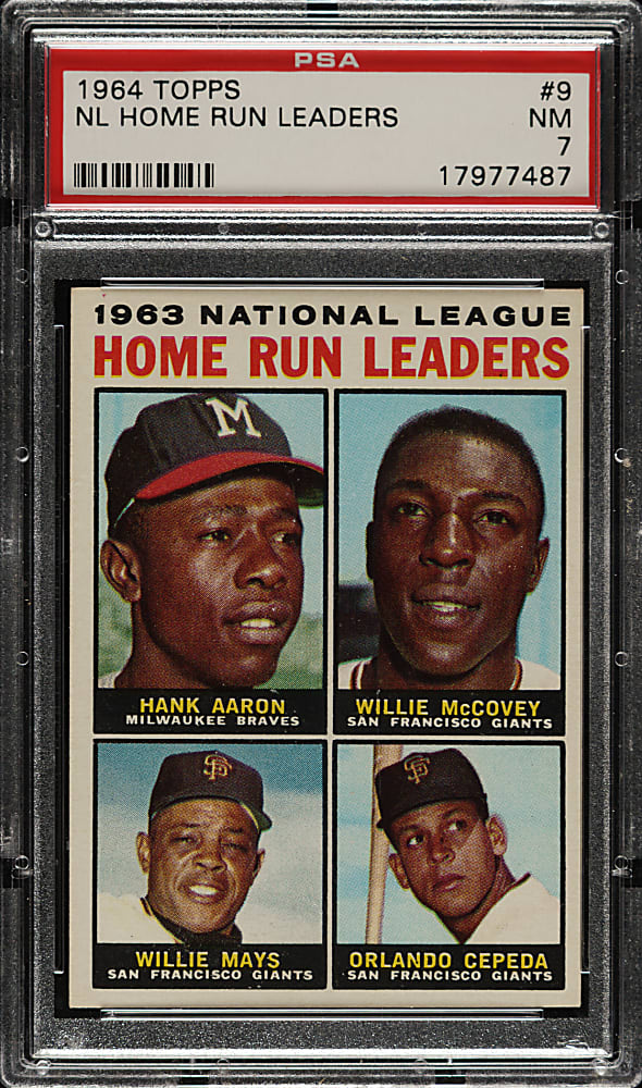 1964 Topps #9 NL Home Run Leaders with Hank Aaron, Willie Mays, Willie McCovey, and Orlando Cepeda PSA NM 7
