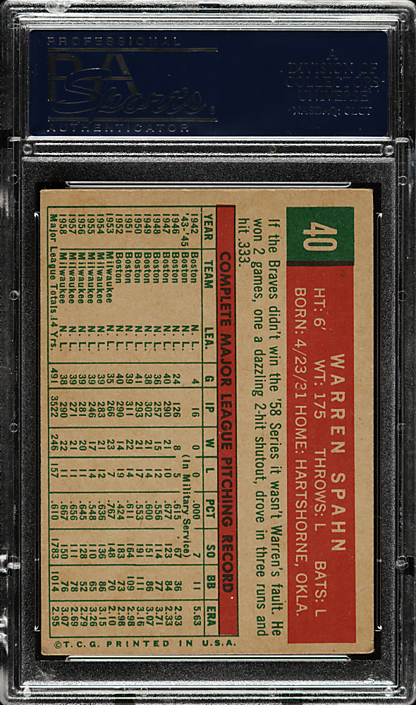 1959 Topps #40 Warren Spahn PSA VG-EX 4