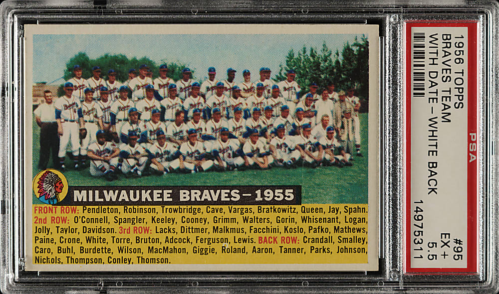 1956 Topps #95 Braves Team With Date, White Back PSA EX+ 5.5