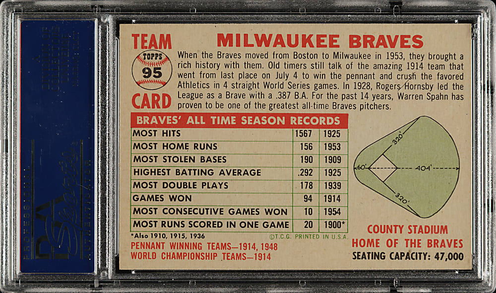 1956 Topps #95 Braves Team With Date, White Back PSA EX+ 5.5