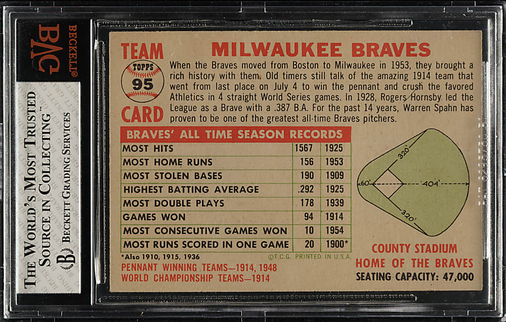 1956 Topps #95 Braves Team With Date, White Back BVG EX-MT 6