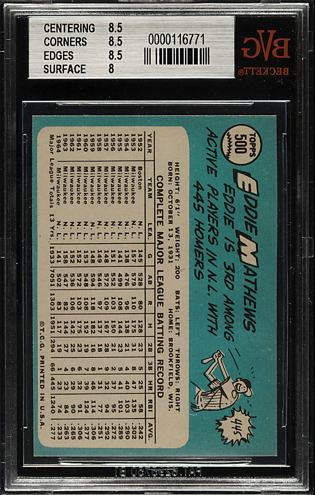 1965 Topps #500 Eddie Mathews BVG NM-MT+ 8.5