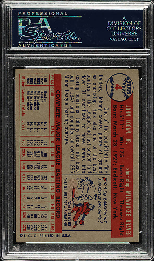 1957 Topps #4 Johnny Logan PSA NM-MT 8