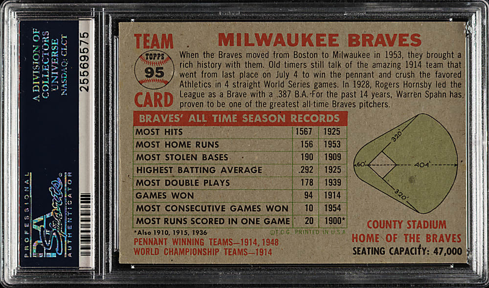 1956 Topps #95 Braves Team No Date, Name Center Gray Back PSA NM 7