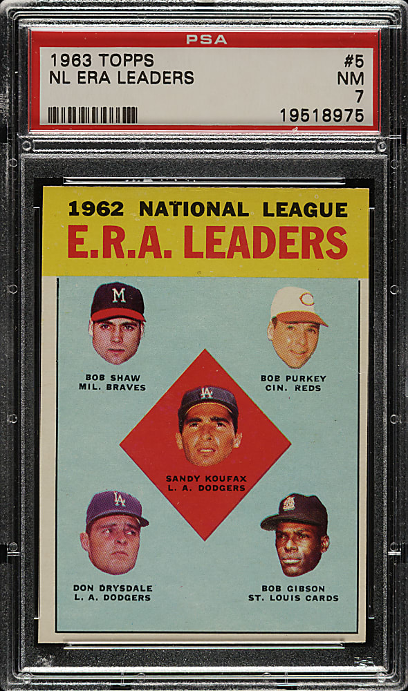 1963 Topps #5 NL ERA Leaders with Sandy Koufax, Don Drysdale, and Bob Gibson PSA NM 7