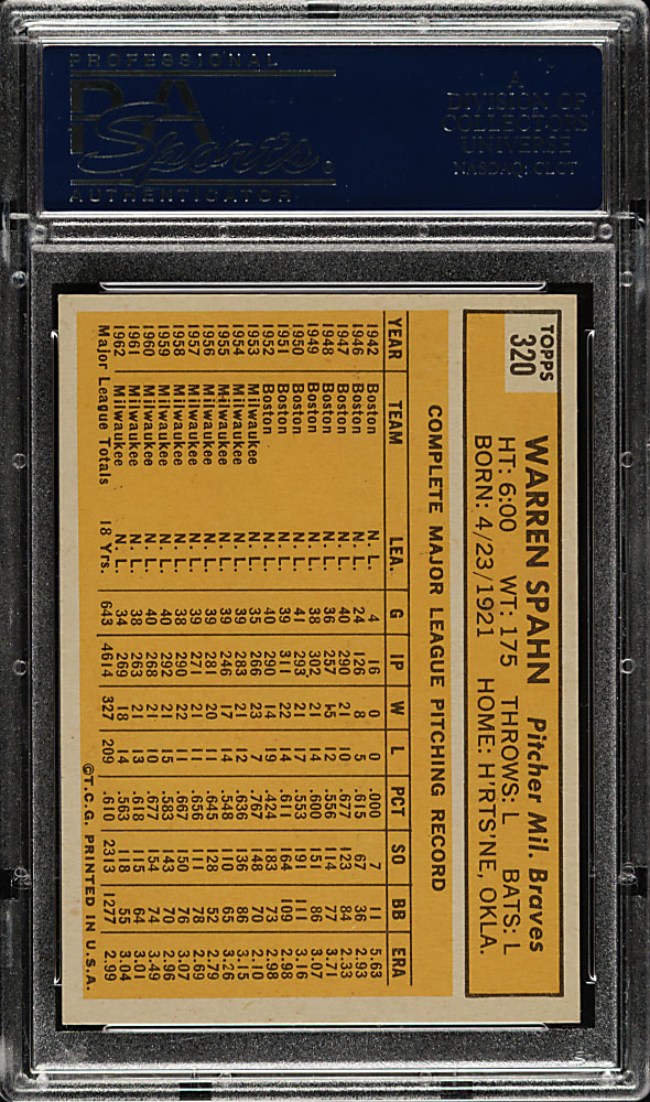 1963 Topps #320 Warren Spahn PSA NM-MT 8
