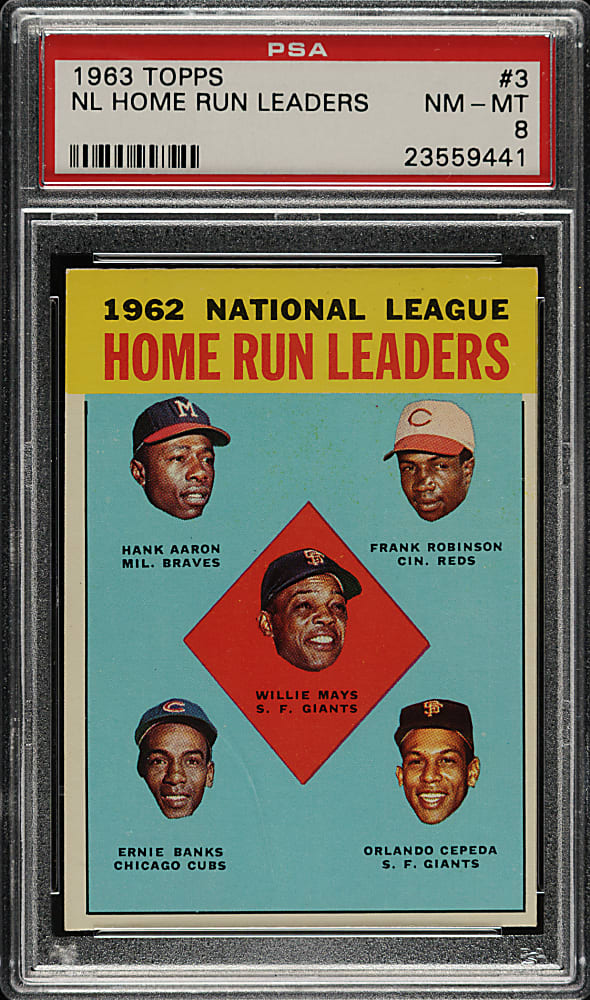 1963 Topps #3 N.L. Home Run Leaders with Aaron, Banks, Cepeda, Mays, and Robinson PSA NM-MT 8