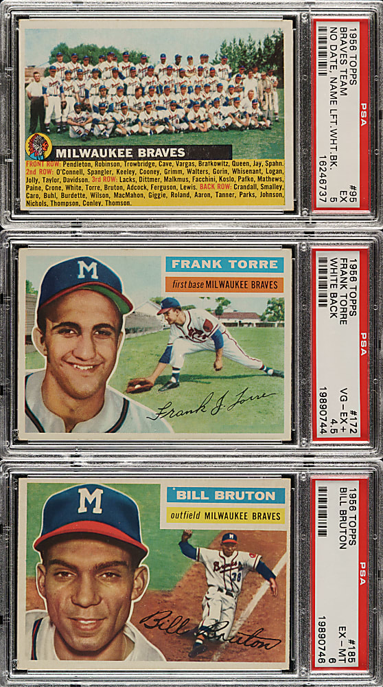 1956 Topps PSA-Graded Trio: Braves Team, Frank Torre and Bill Bruton