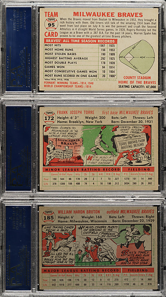 1956 Topps PSA-Graded Trio: Braves Team, Frank Torre and Bill Bruton