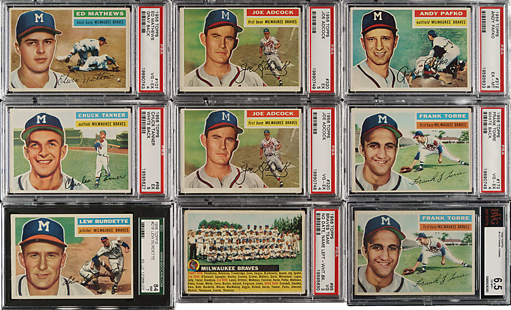1956 Topps PSA-, SGC- and BVG-Graded Collection (9) Including Eddie Mathews