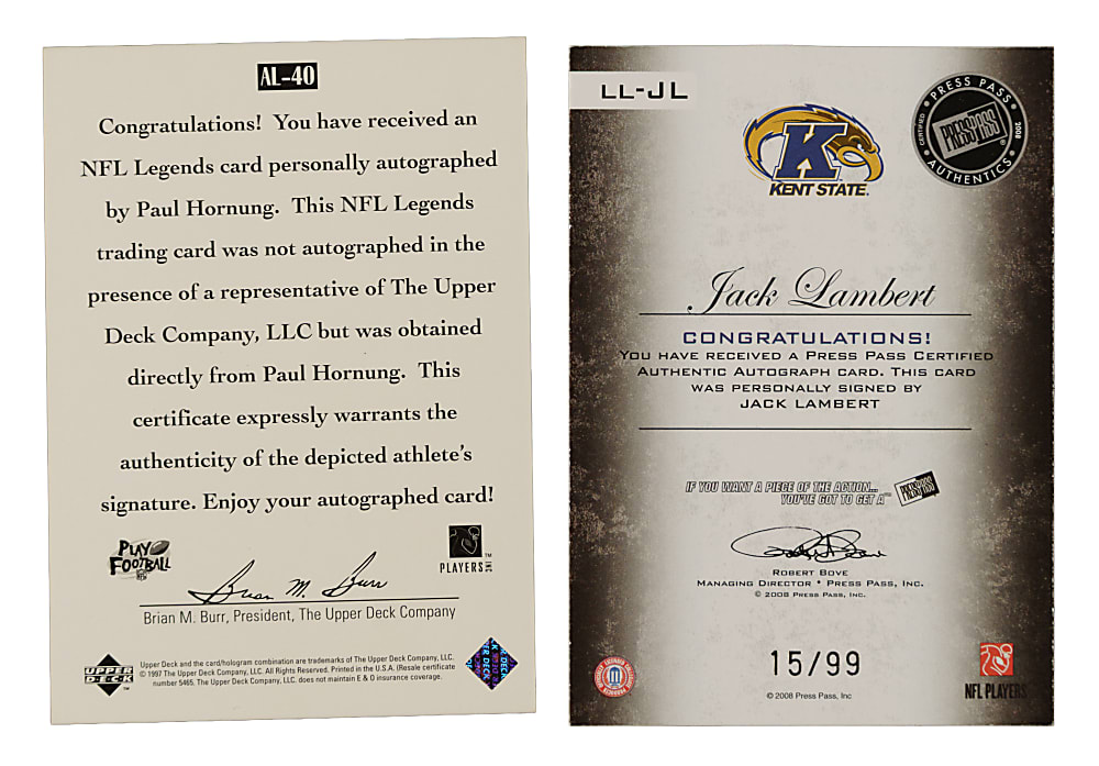 1997 and 2008 Upper Deck and Press Pass Football Autographs Pair: Jack Lambert and Paul Hornung