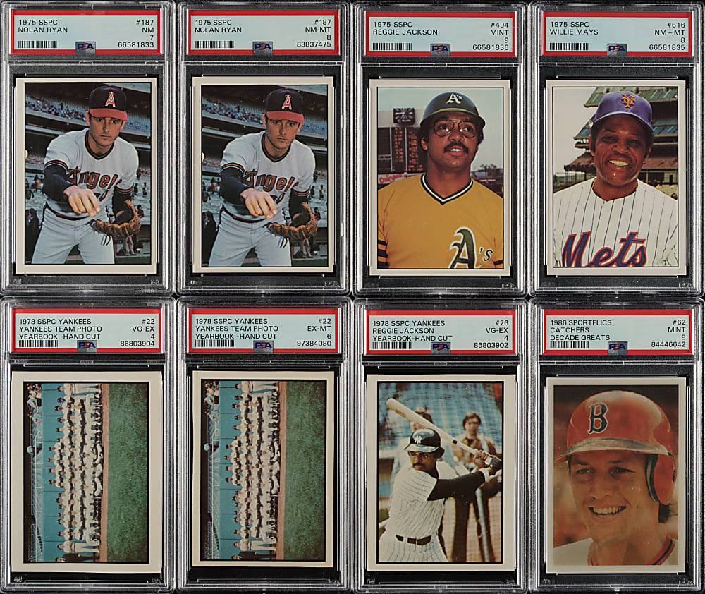 1975 to 1986 SSPC and Sportflics PSA-Graded Collection (8) Including Nolan Ryan, Reggie Jackson, and Willie Mays