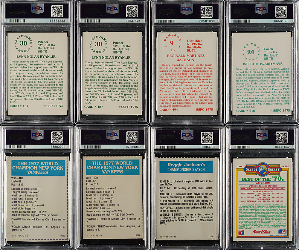 1975 to 1986 SSPC and Sportflics PSA-Graded Collection (8) Including Nolan Ryan, Reggie Jackson, and Willie Mays